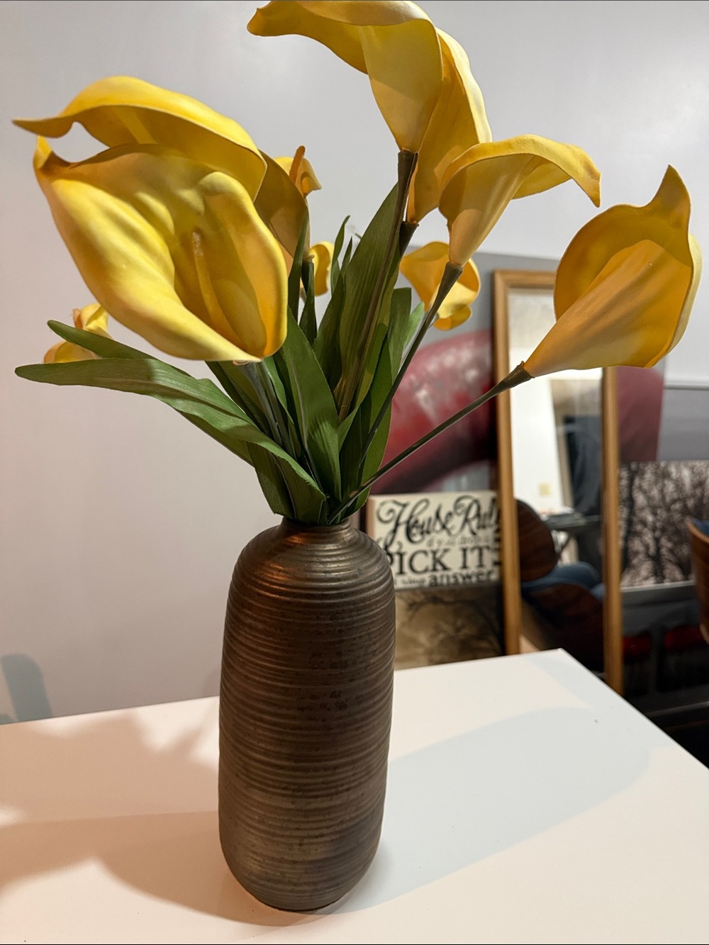 Yellow Calla Lily Artificial Floral Arrangement in L Brown Stoneware Bronze Vase